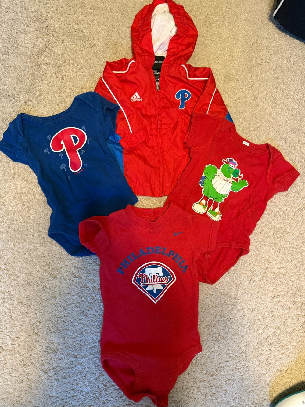 Philadelphia Phillies Baby Onesies and Hooded Windbreaker 6-9 months